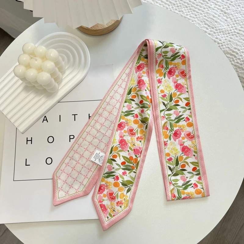 Longue écharpe en soie imprimée de fleurs de haute qualité, bandeau pour cheveux, ruban noué, nœud Long, ruban en Satin Vintage, accessoires pour cheveux pour femmes