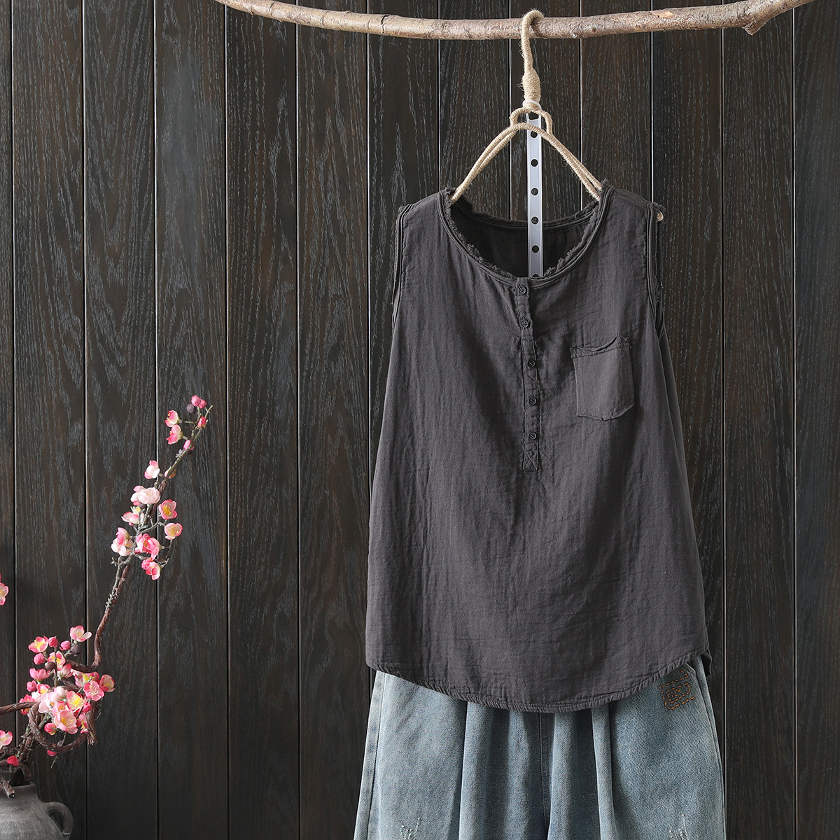 Débardeur en coton pour femmes, mode japonaise, T-Shirts amples sans manches, hauts Mori Girl, chemises décontractées boutonnées, été