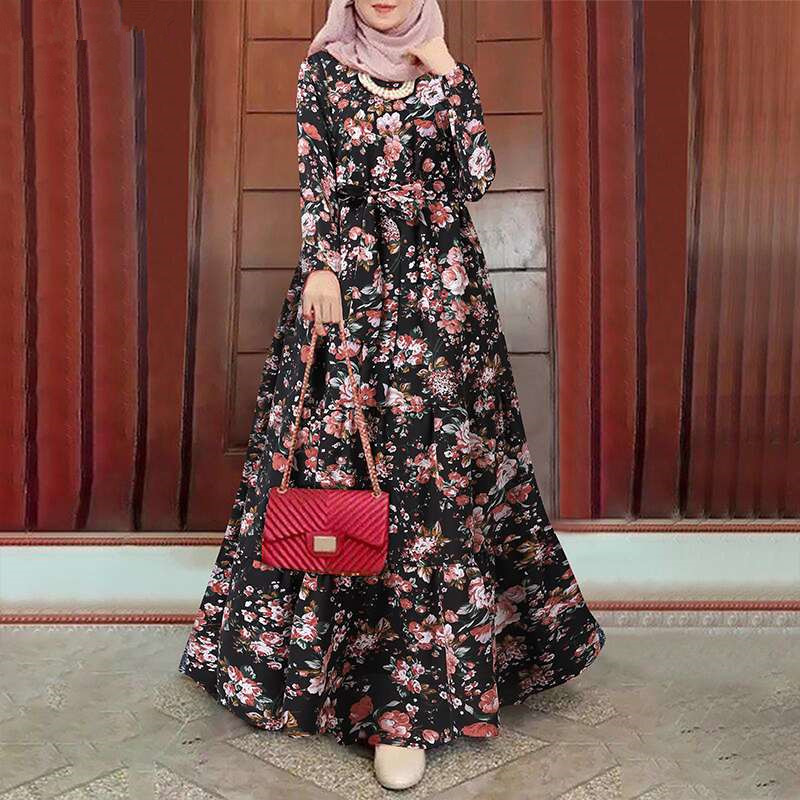 Abaya-Robe musulmane à fleurs pour femmes, manches longues, imprimé floral, plissé, ceinture, caftan décontracté, ramadan, Maroc