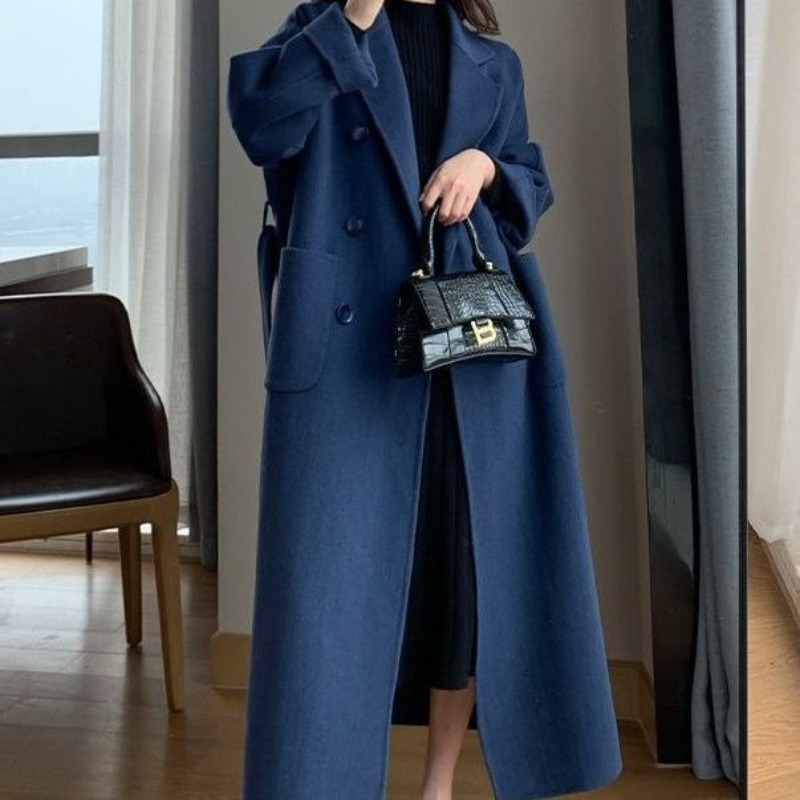Manteau Trench d'Hiver pour Femme 2026 Nouvelle Mode Coréenne Décontractée en Laine Bleu Marine avec Lacets Longue Veste Noire pour Femme avec Ceinture