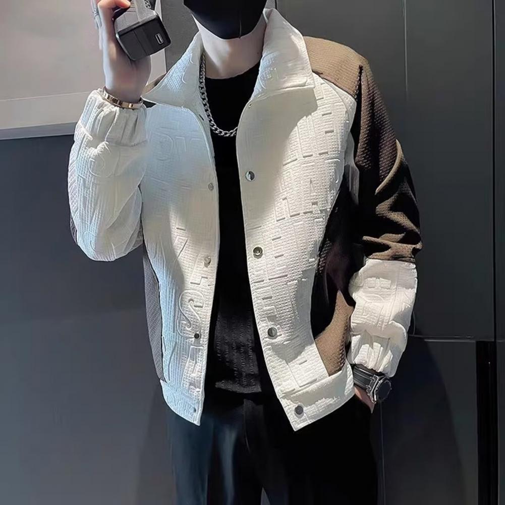 Veste à revers à manches longues pour hommes, manteau coupe-vent, conception bloquée par document, motif de lettres 3D, style hip hop