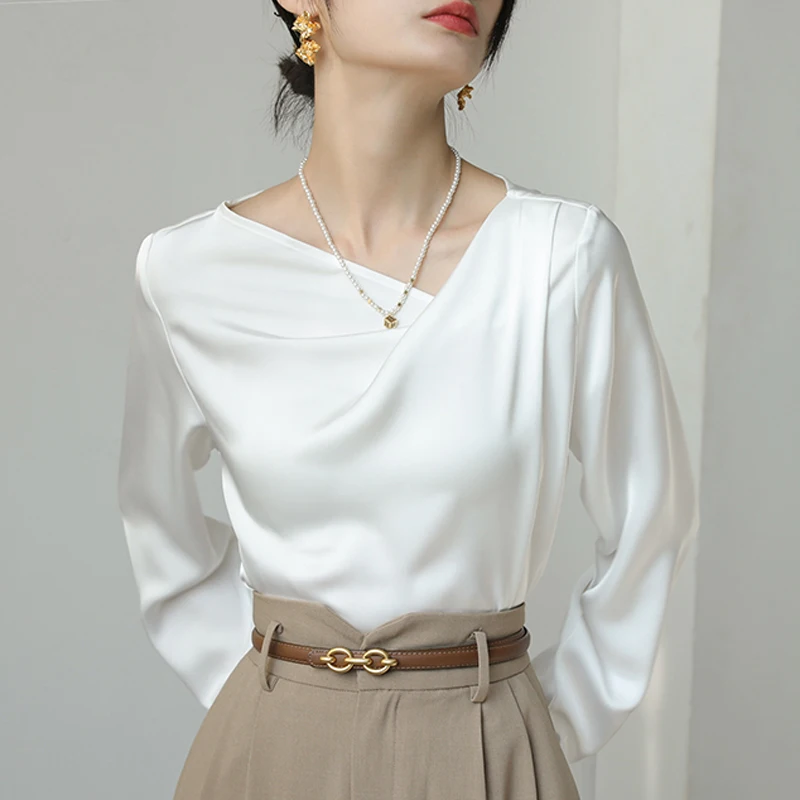 Chemises en Satin pour femmes, nouvelle soie, couleur unie, chemisiers décontractés, amples, vêtements pour dames, mode, manches longues, hauts blancs, printemps/été