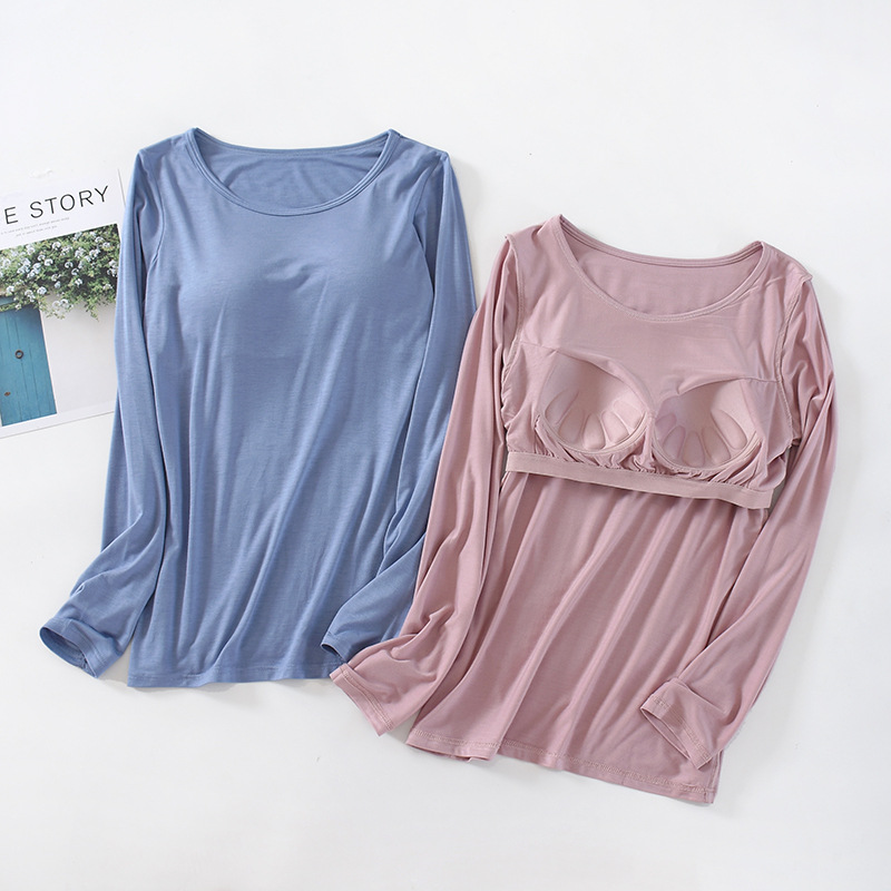 T-shirt Slim One Piece avec coussin de poitrine pour femme, soutien-gorge et bonnet, haut féminin, chemises à fond, vêtements de maison, pyjamas