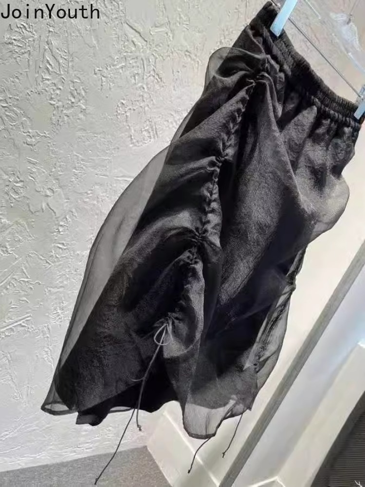 Jupe d'été vêtements pour femmes taille haute Organza Saia cordon tunique Jupe Chic irrégulière Mini jupes 2025 Faldas Mujer De Moda