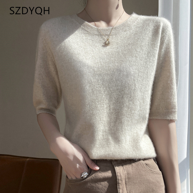T-shirt à manches courtes et col rond pour femme, pull basique, doux, vêtements pour filles, 100%, nouvelle collection printemps 2023