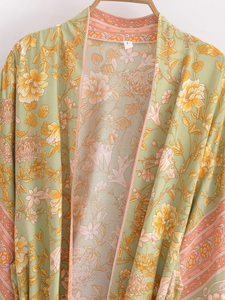 Boho Queens Vintage femmes imprimé fleuri ceintures bohème Kimono dames col en V manches chauve-souris rayonne Maxi Robe couvertures