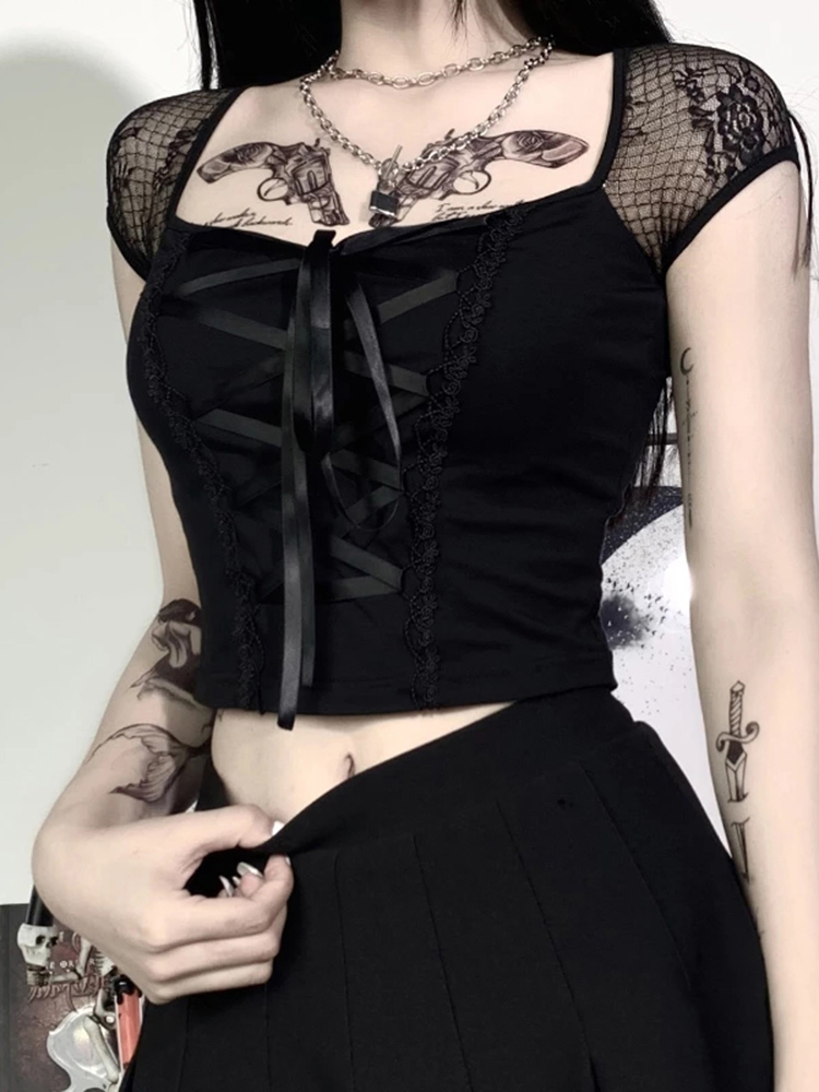 T-shirt gothique Vintage pour femmes, moulant, Bandage, dentelle, maille noire, Sexy, décontracté, gothique, Streetwear, haut féminin