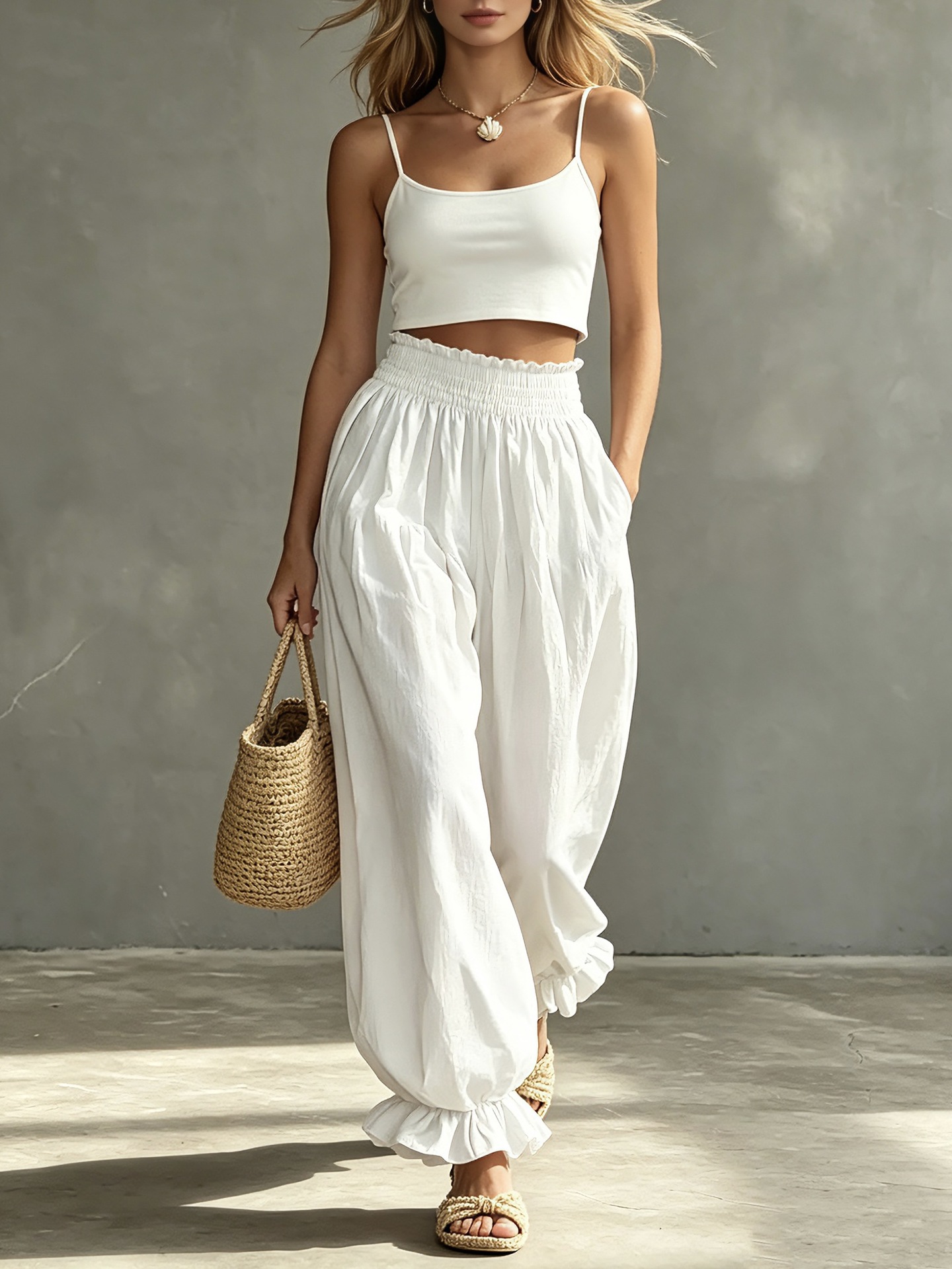 Pantalon Harem Femme Taille Haute à Ourlet Volanté, Taille Élastique, Coupe Ample et Décontractée, Idéal pour les Vacances, Jambe Large, Style Lanterne, Plusieurs Couleurs