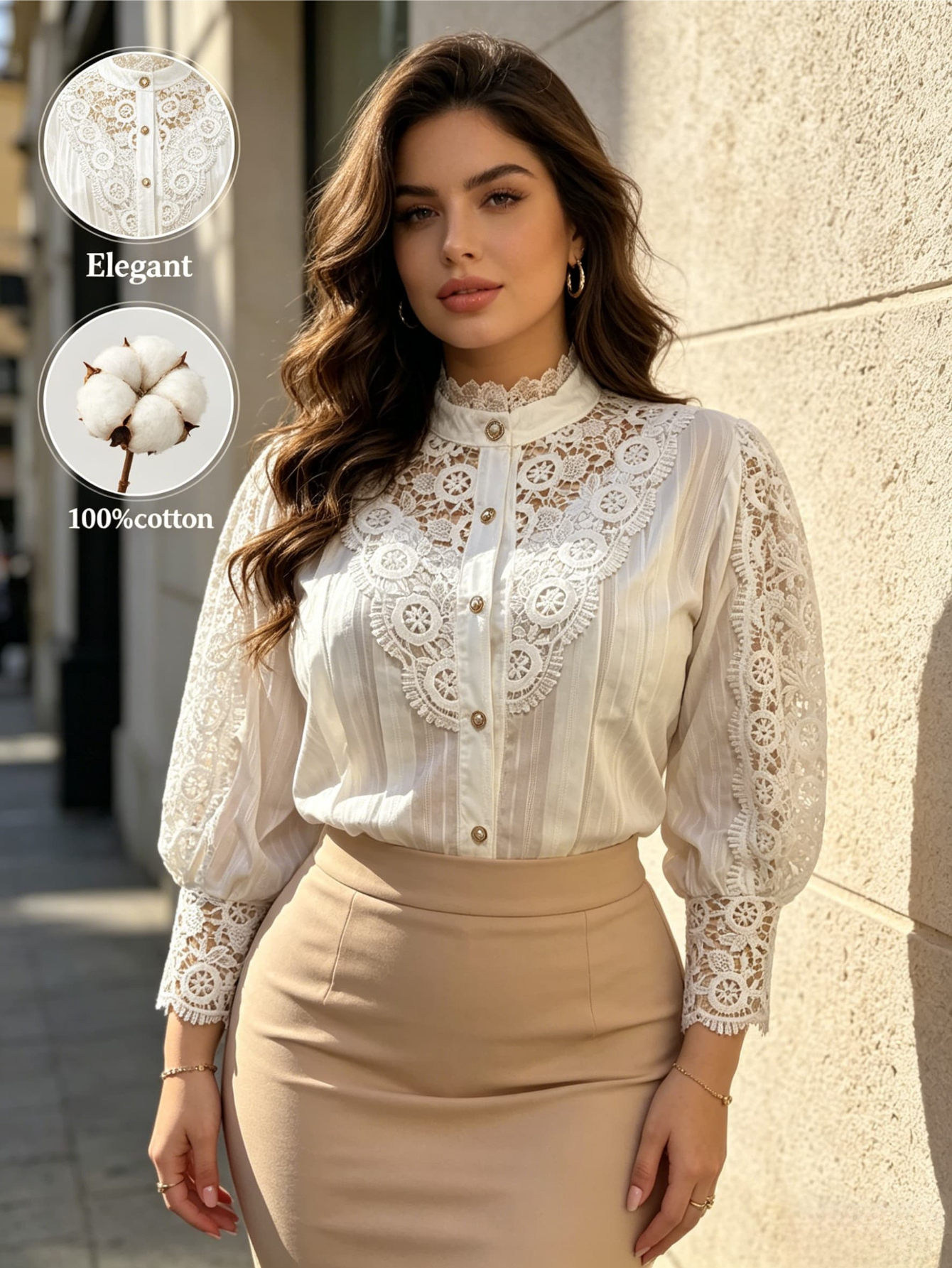 Chemisier élégant en dentelle pour femme, col montant, manches longues bouffantes, boutonné, haut de fête élégant, vêtements grande taille pour femme, haut de bureau