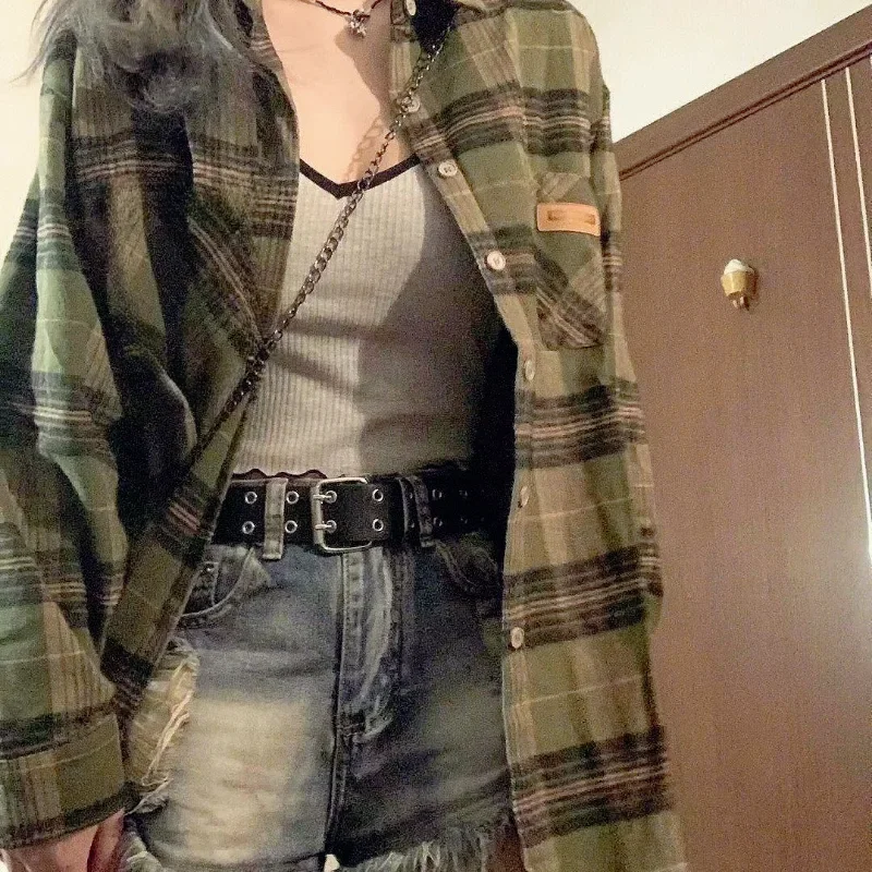 Chemise Tartan à manches longues pour femmes, col boutonné, surdimensionnée, à carreaux, veste Grunge, mode adolescente, tenue printemps été