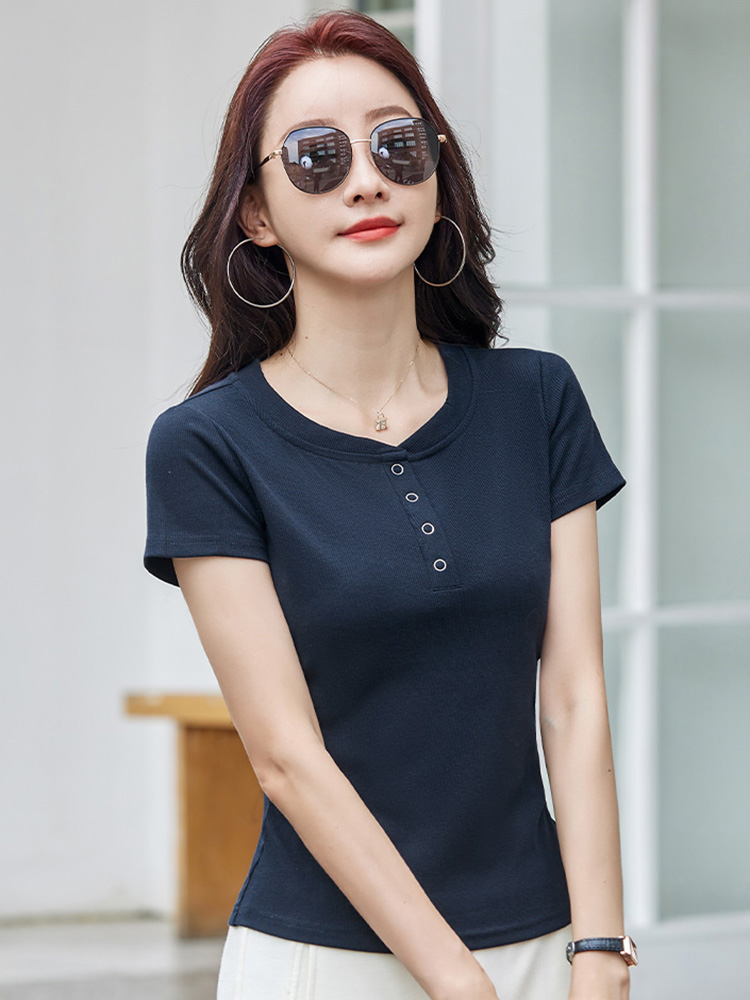 Nouveau Femmes T-shirt décontracté Été Mode Col rond Manches courtes Couleur unie T-shirts ajustés Simplicité Basique T-shirt court Femme