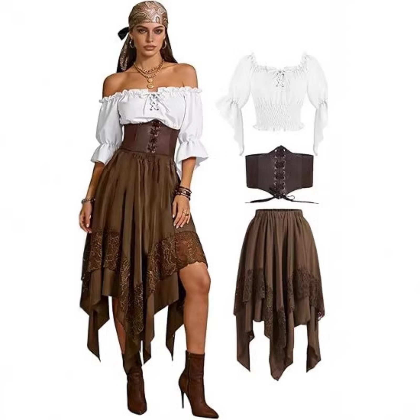 Jupe de pirate, robe de la Renaissance, costume de fée asymétrique pointu pour femme, haut de fermière médiéval, ensemble d'Halloween
