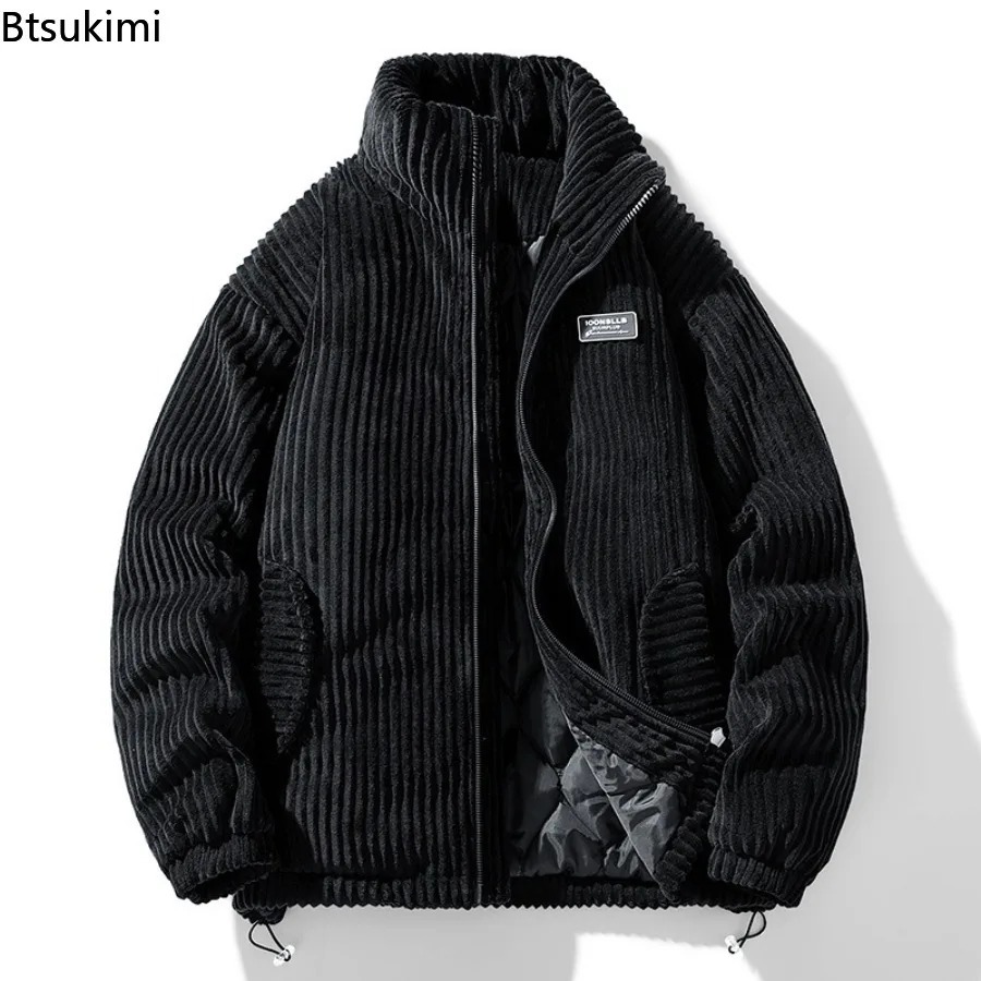 Parka décontractée pour hommes, col montant, couleur unie, vêtements d'extérieur, velours côtelé épais, chaud, veste rembourrée en coton, nouvelle mode hiver
