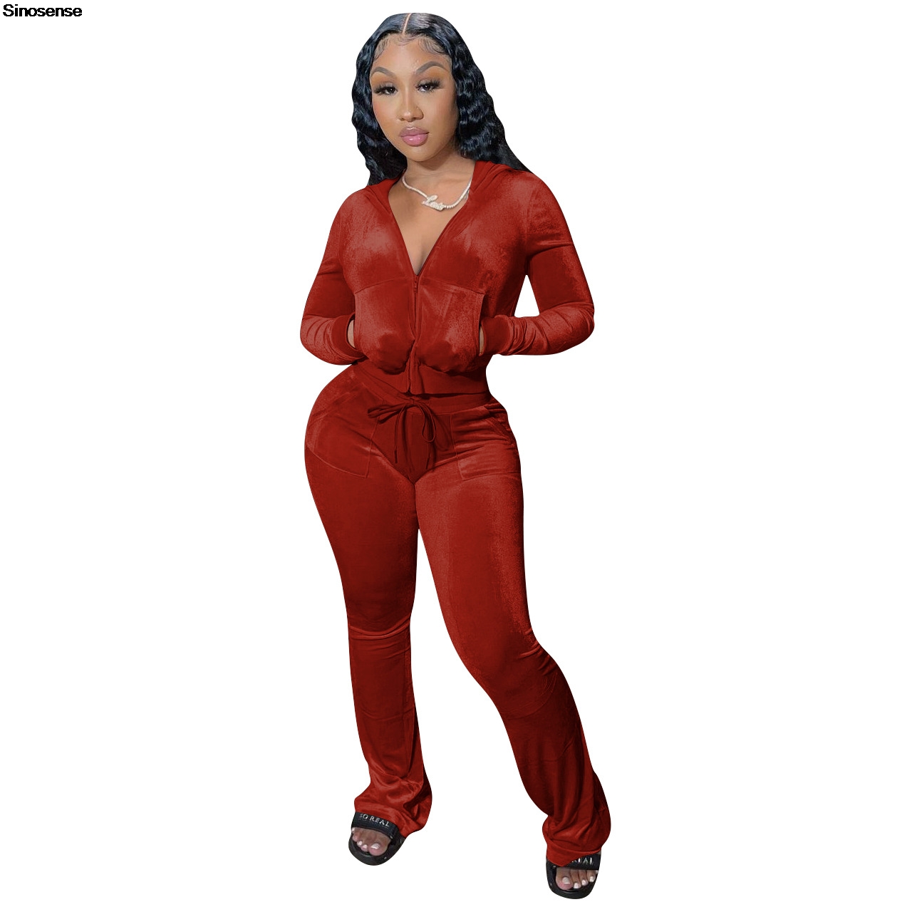 Femmes automne deux pièces tenues 2 pièces velours survêtement velours survêtements fermeture éclair à capuche veste moulante pantalon évasé ensembles de survêtement