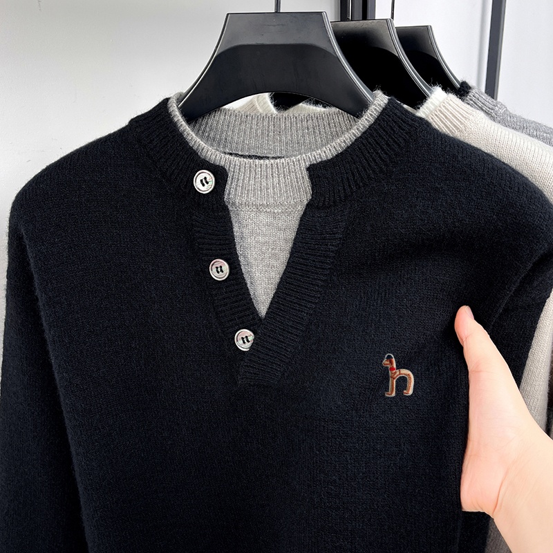 Pull de luxe à manches longues pour hommes, faux deux pièces, boutons, blocs de couleur, broderie, tricot confortable, vêtements de loisirs pour hommes