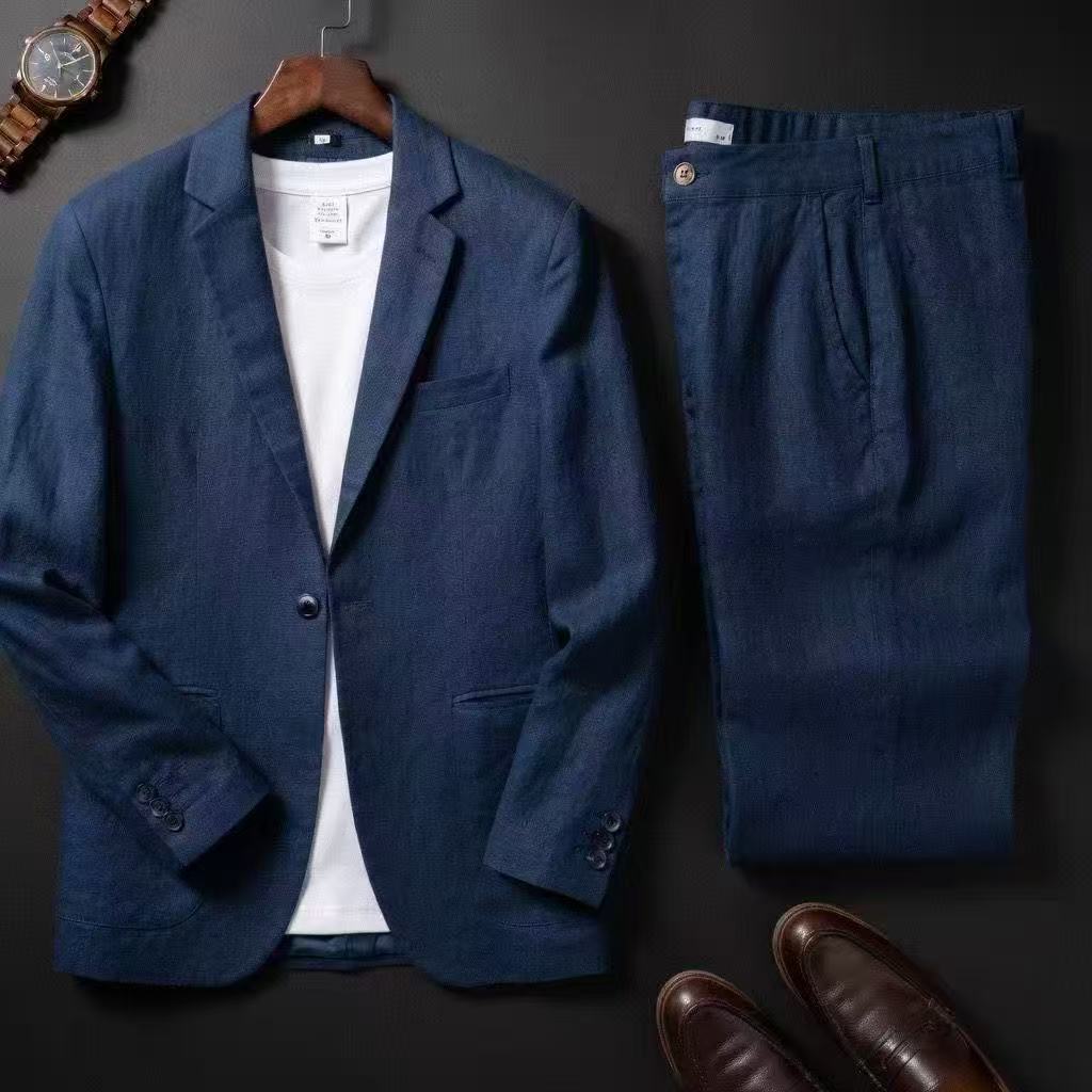 Costume homme printemps-été, ensemble deux pièces en coton et lin, blazer + pantalon, vêtements décontractés pour affaires, vêtements fins et respirants