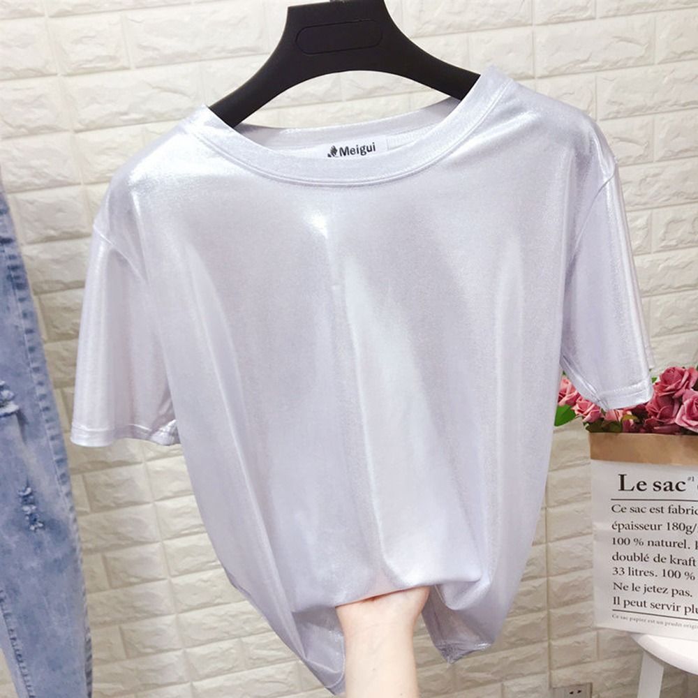 T-shirt d'été tendance en soie brillante à manches courtes, coupe ample, idéal pour la danse, pour femme
