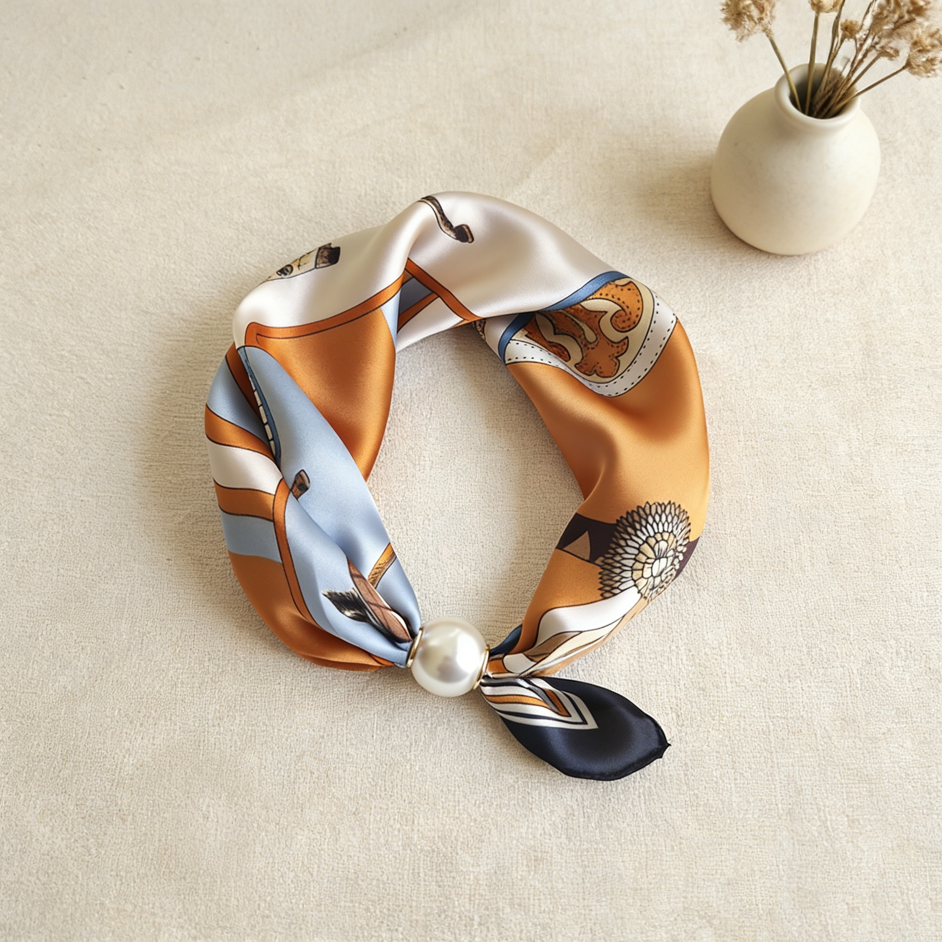 Foulard de mode en soie avec chaîne de cou à boucle, pendentif magnétique fin en perles, foulard de tête, foulards femme de marque