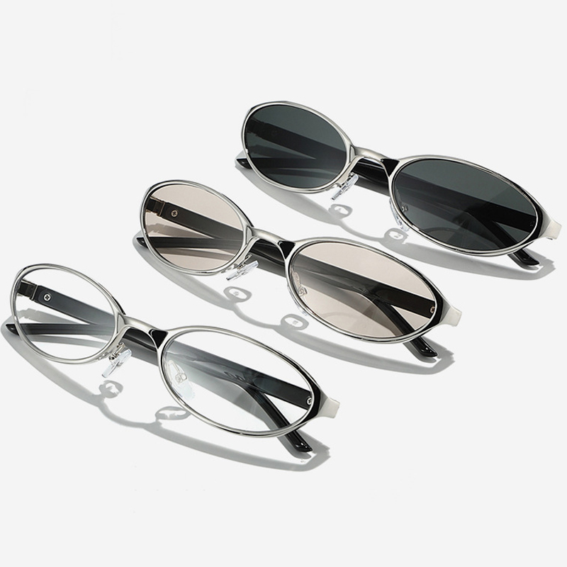 Lunettes de soleil ovales vintage pour femmes et hommes, lunettes de soleil rétro années 90 Y2K avec petite monture en métal, lunettes tendance fines et étroites avec protection UV400