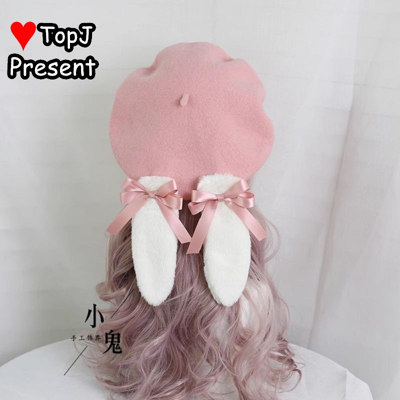 Béret gothique Lolita pour femmes, pelucheux, Harajuku, épicé, oreilles de lapin, polyvalent, rétro, Style Miss, nœud de printemps, perle, chapeau Original