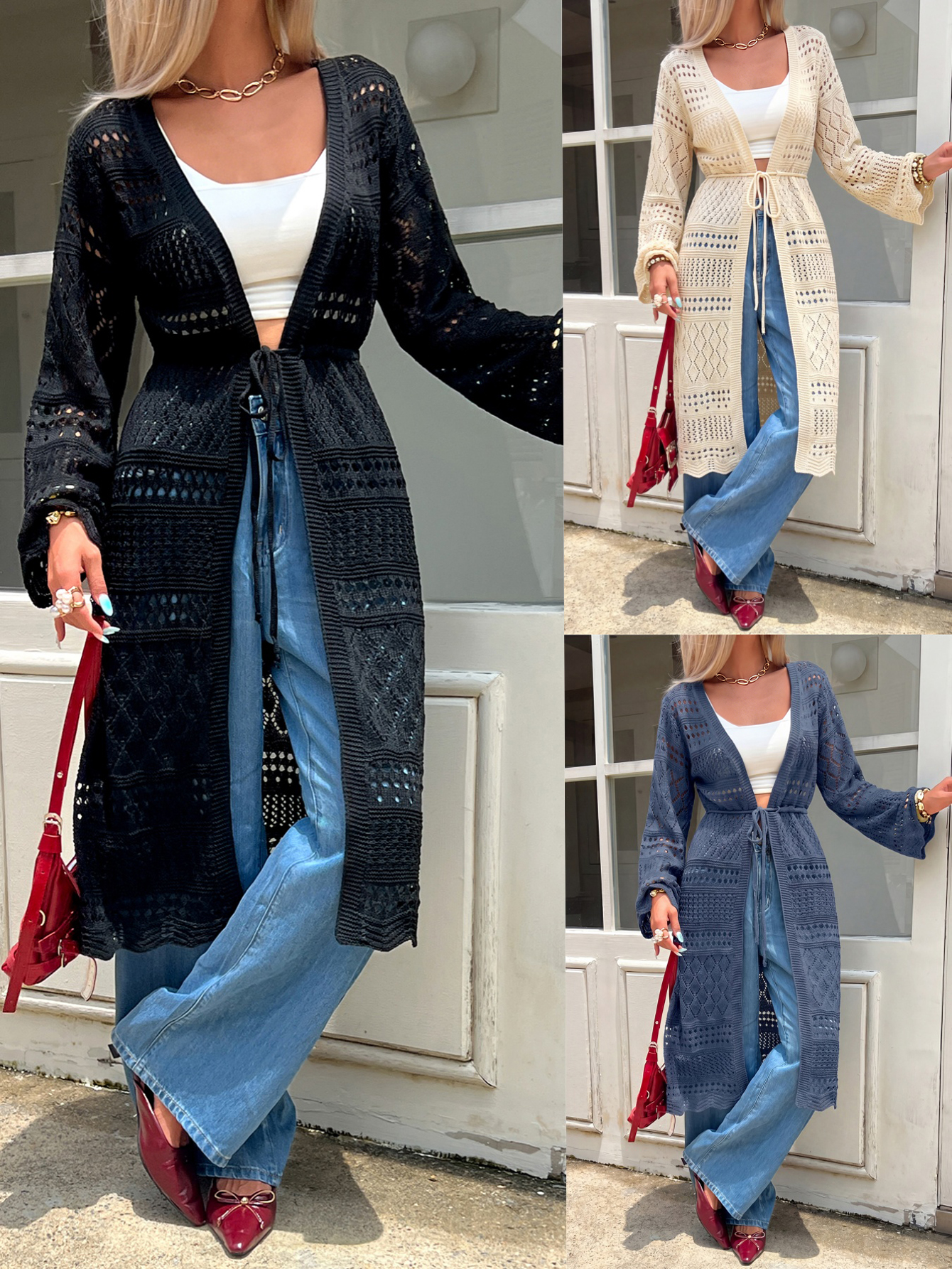 Robe longue de plage en crochet 2026, à manches longues, ouverte sur le devant, avec lien à nouer à la taille, ajourée, pour couvrir le maillot de bain