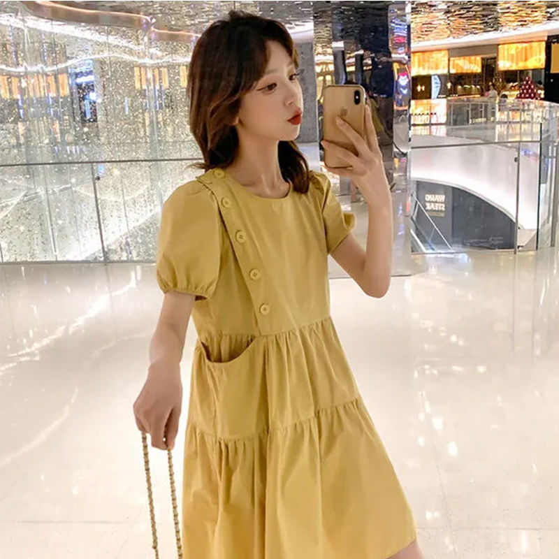 Robe de bal en lin jaune pour femmes, tunique ample et élégante, décontractée, style Vintage, grande taille, mode coréenne, mi-longue, été, 2021