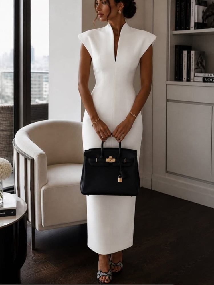 Robe fourreau élégante pour femme, à manches courtes, col en V, sexy, ajustée, longueur genou, pour cocktail et soirée