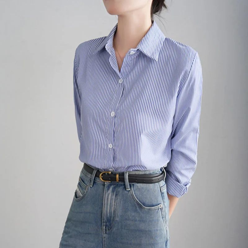Chemise à rayures bleues pour femmes, ample, décontractée, manches longues, vêtements à la mode pour dames, vêtements de bureau, printemps automne