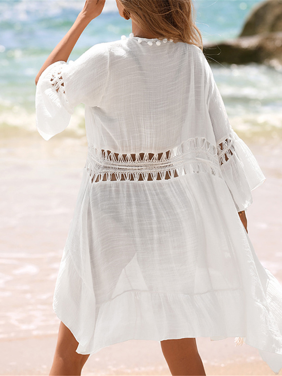 Robe de plage cache-maillot pour femme, col en V, manches mi-longues, en crochet tricoté, tunique de plage V7660