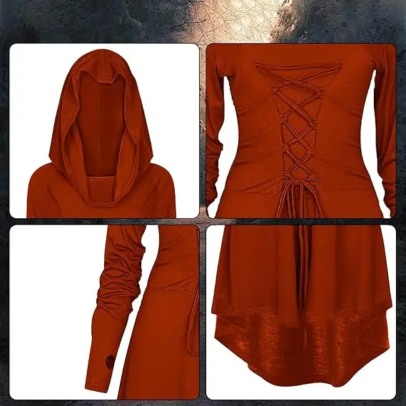 Costumes de la Renaissance pour femmes, Costume d'halloween pour femmes, Costume médiéval Vintage à capuche, robe pull haute et basse