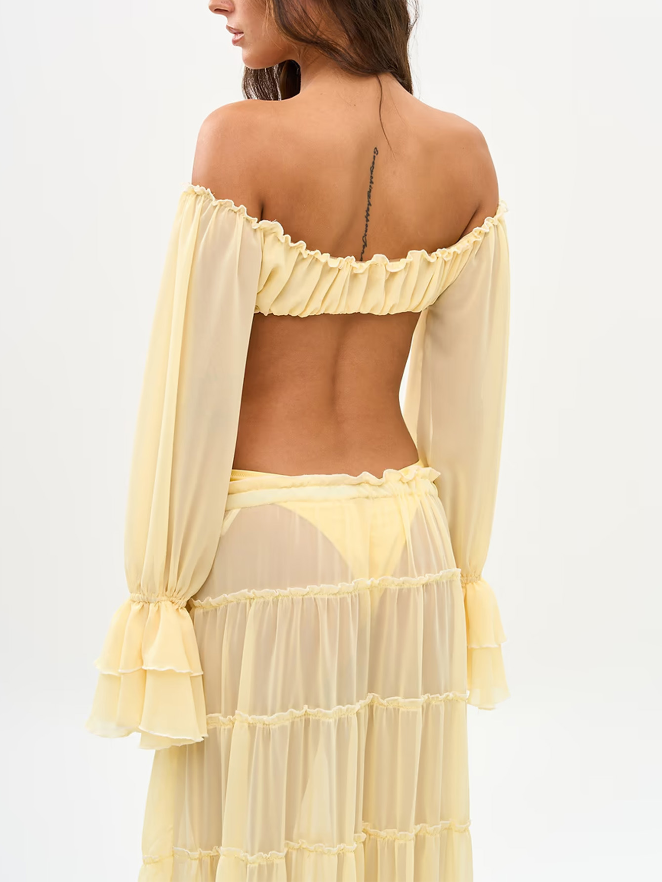 Ensemble deux pièces jaune crème pour femmes, haut court à volants, épaules dénudées, jupe multicouche à volants, vêtements d'automne pour femmes