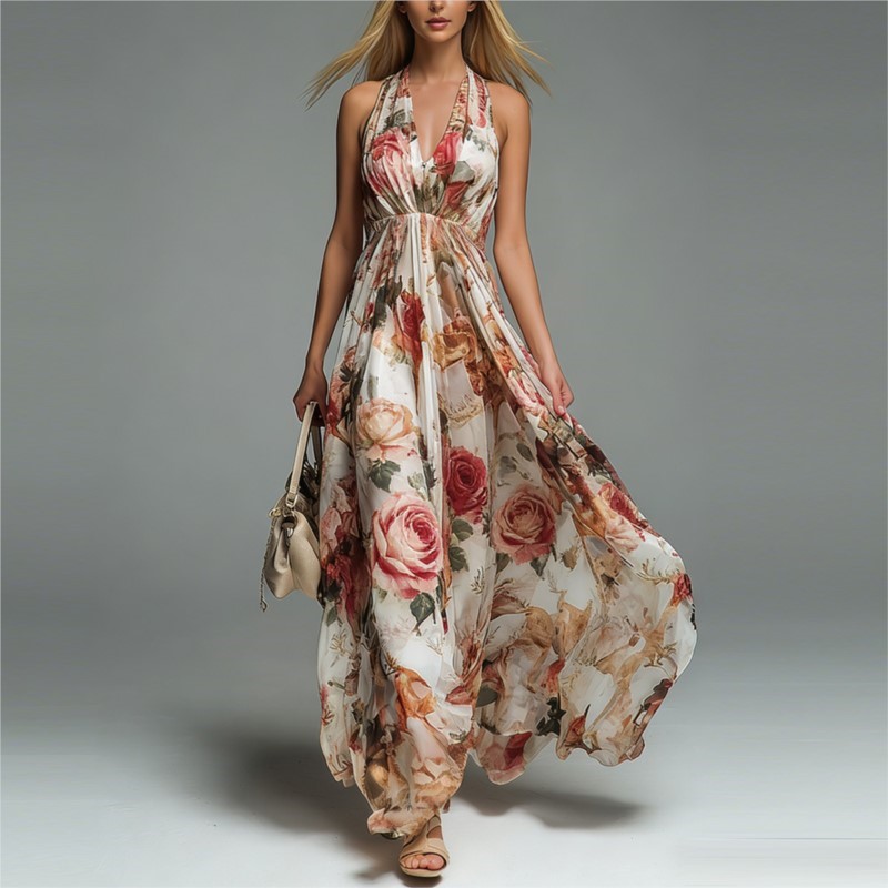 Nouvelle Robe Longue Décontractée d'Été pour Femme, Imprimé Floral, Col Halter, Sans Manches, Col en V, Coupe Trapèze, Idéale pour les Fêtes