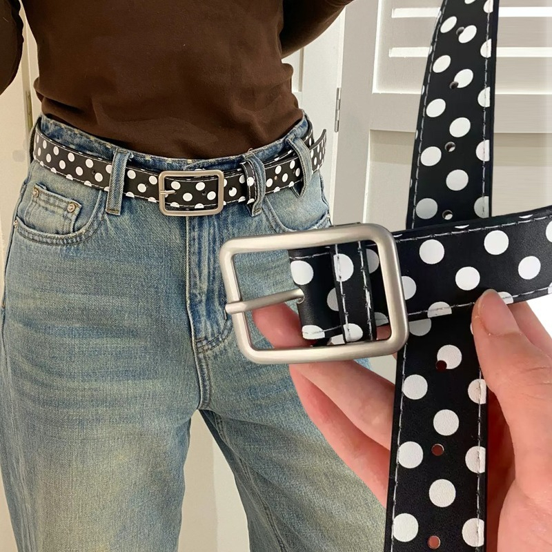 Ceinture en cuir vintage à pois noirs et blancs, élégante et ajustable, accessoire de mode pour robe, pour femme