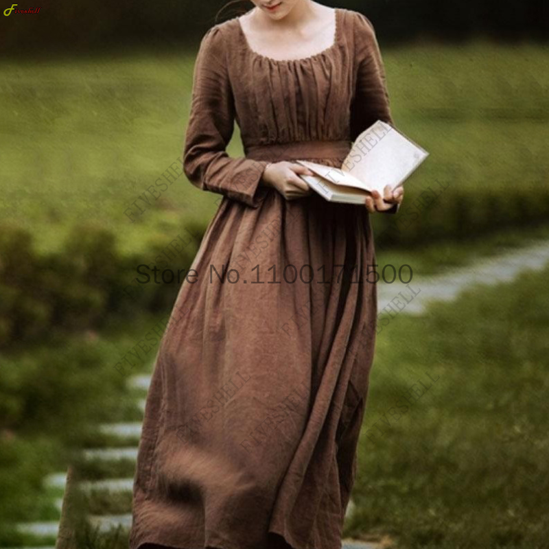 Robe rétro victorienne médiévale pour femme, col carré, manches longues, taille haute, français, déclin, marron, bleu, tempérament, robe longue