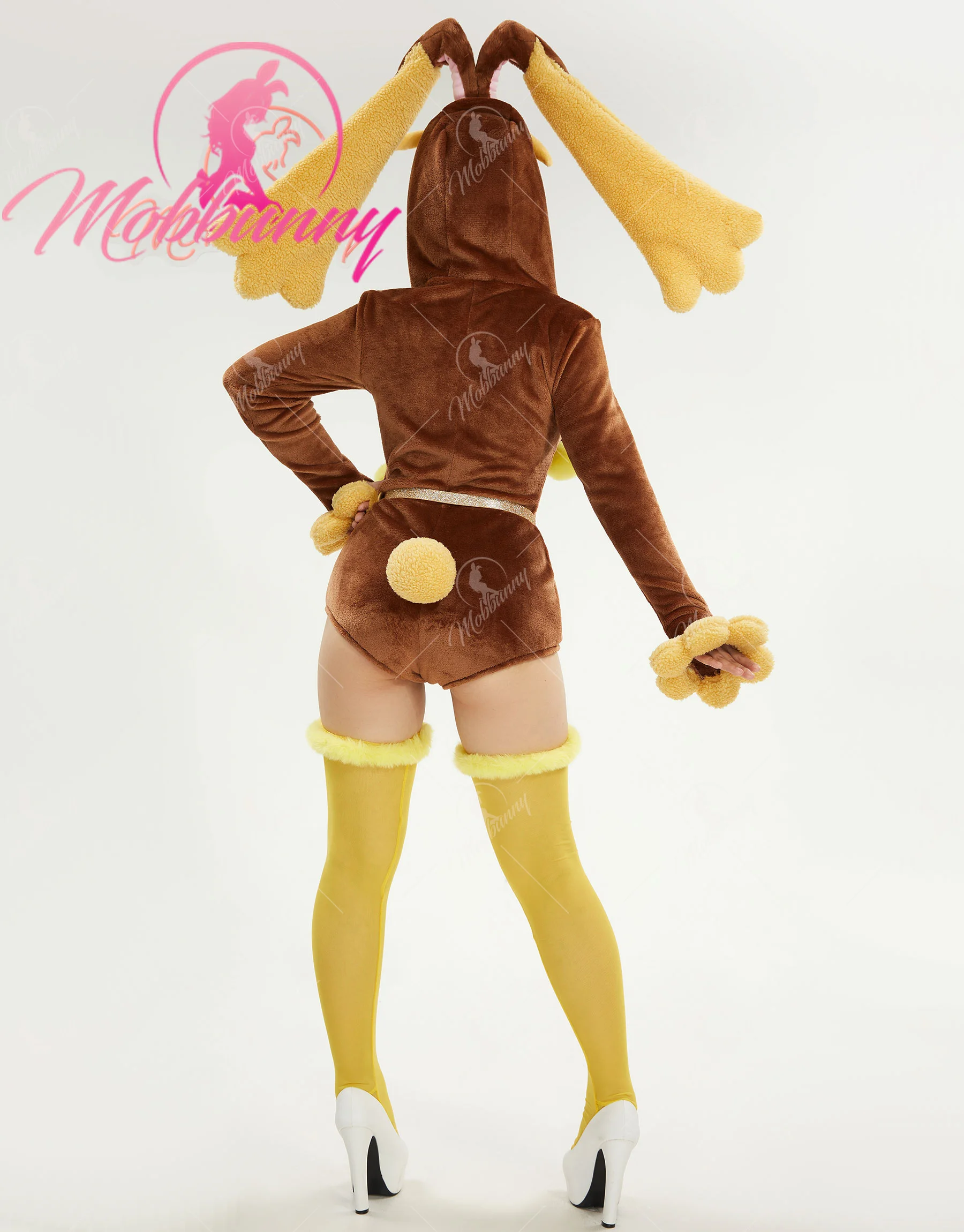 Mobbunny PM Derivative peluche Homewear moelleux moulante barboteuse body à capuche avec chaussettes cuisses et tour de cou