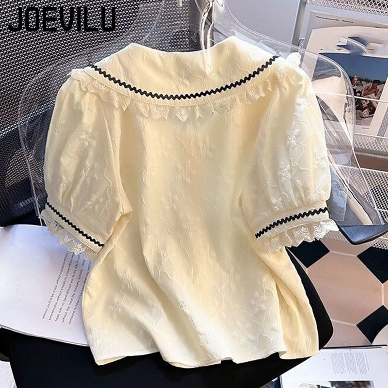 Chemise en mousseline de soie pour femmes, haut français à manches bulles, dentelle d'été, chemisiers à manches courtes doux et Chic, vêtements coréens élégants pour dames