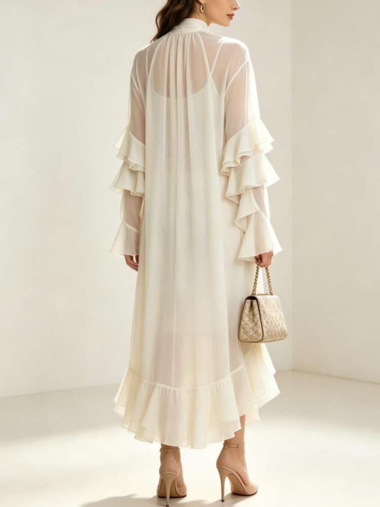 Robe longue en mousseline pour femme, col montant, volants étagés, ourlet irrégulier, élégante, pour soirée ou invitée de mariage, avec sous-vêtement intégré