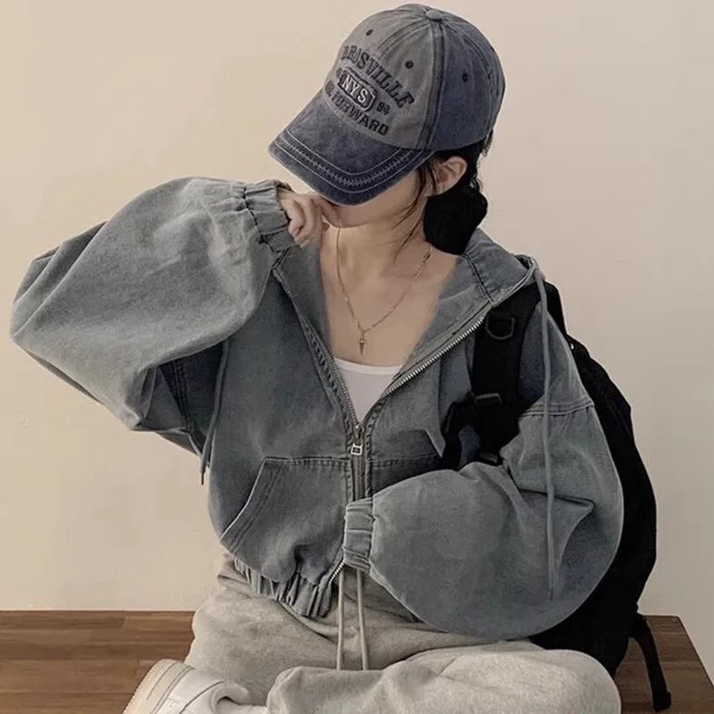 Veste courte en jean pour femmes, ample, manches longues, décontractée, mode automne, rétro, fermeture éclair, sweat à capuche, vêtements d'extérieur polyvalents