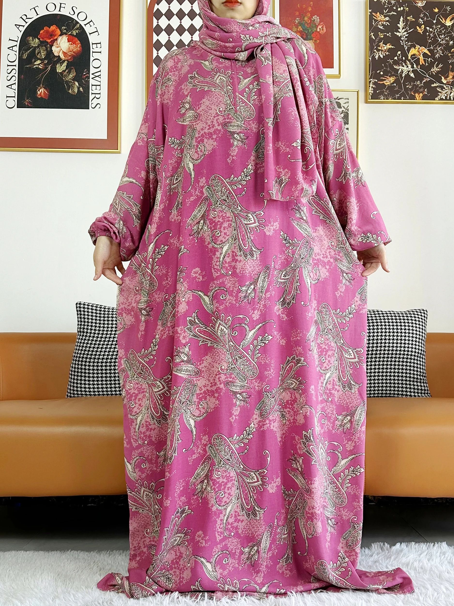 2025 coton musulman dame Abayas Ramadan vêtement de prière dubaï turquie moyen-orient Femme Robe ample Robe africaine Turban Joint