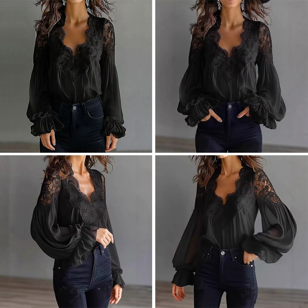 Chemise d'été pour femmes, couleur unie, manches longues, dentelle, chemise élégante décontractée à col en V