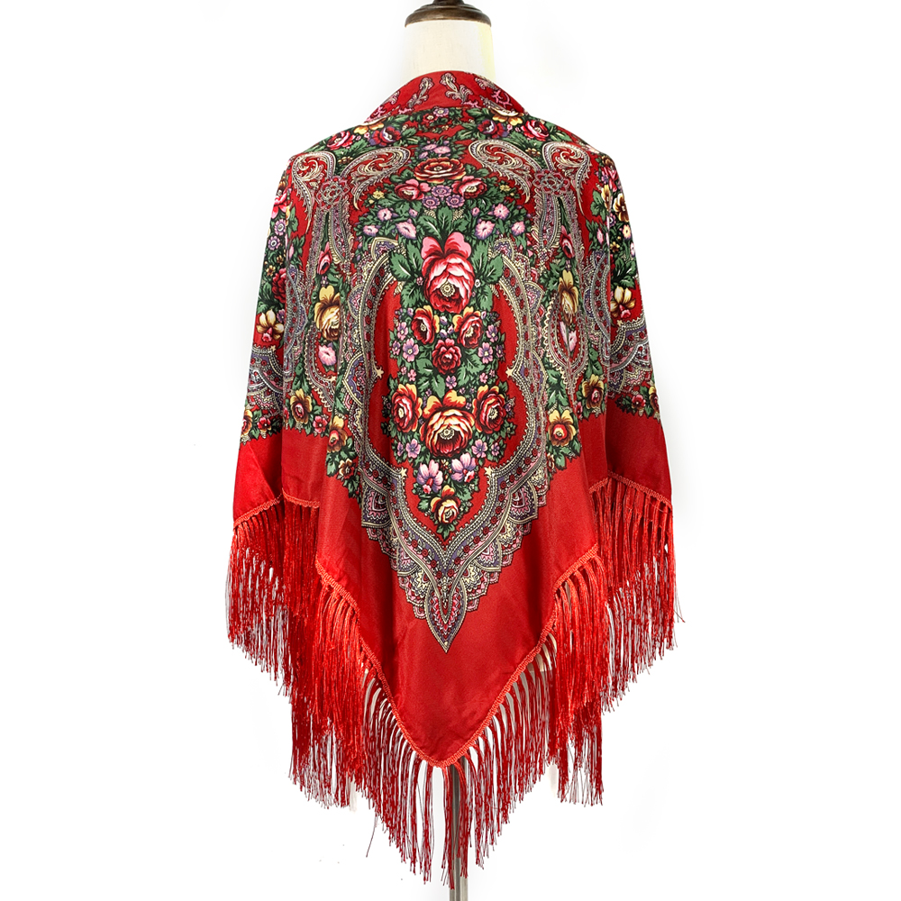 135*135 cm femmes russe National carré écharpe ukrainienne frangée Banadna mouchoir ethnique châles Babushka bandeau