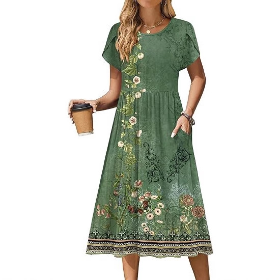 Robes longues élégantes pour femmes, collection été 2026, col rond, motif floral, manches courtes, pour femmes, Vestidos Robes