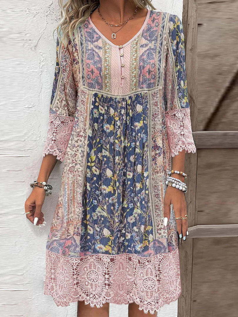 Robe en dentelle vintage pour femmes, nouvelle mode, imprimé fleuri, col en V, robes de bureau décontractées, printemps, été, 2025