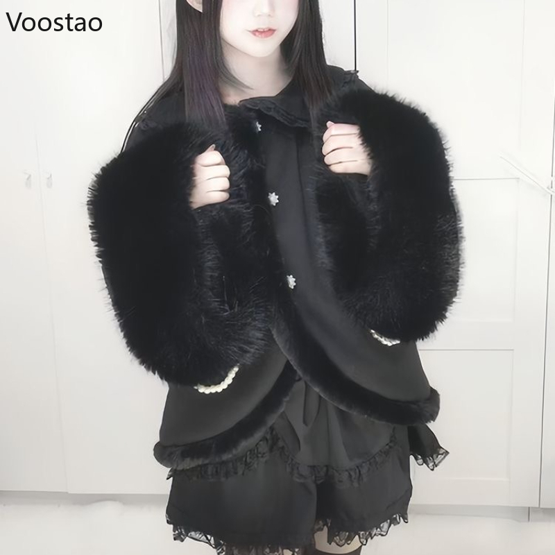 Automne hiver japonais Lolita Bow écharpe veste femmes gothique noir en peluche Patchwork laine châle pardessus femme Vintage manteau hauts