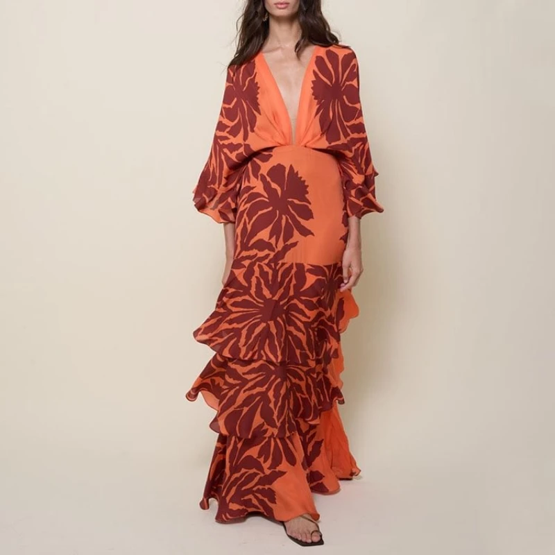 FLAXMAKER Maxi robe longue femmes Sexy sans manches à volants manches Dolman robes imprimées Bandeau fleur imprimé robe d'été 2025