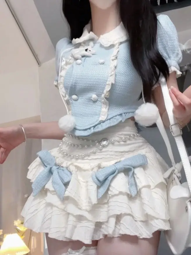 Kawaii Lolita Ensemble deux pièces pour femme, patchwork japonais, mini jupe trempée, femme décontractée, mode coréenne, Y2k, doux, mignon