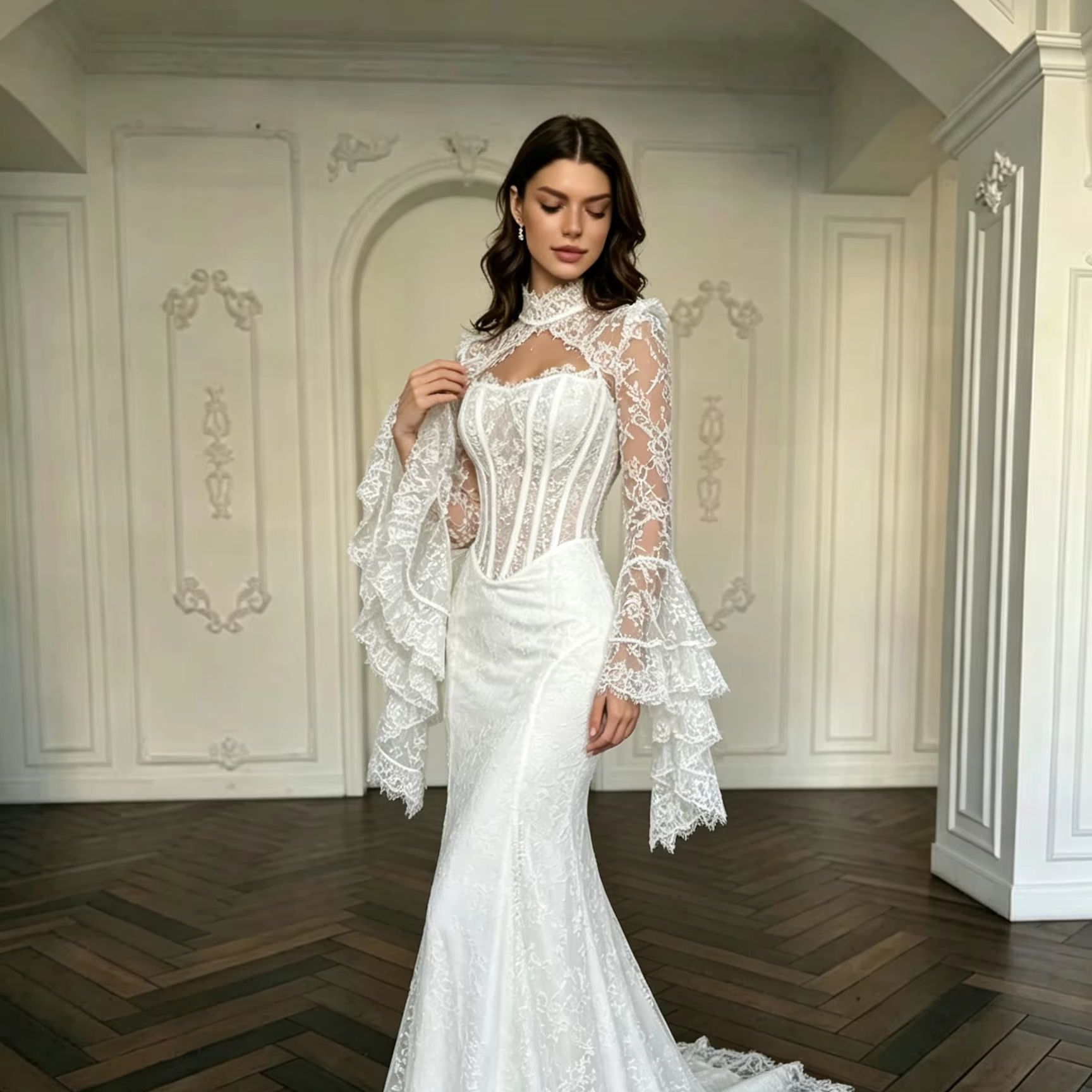 Élégant boléro de mariée à col montant, en dentelle vintage, à volants superposés, manches longues cloche, en maille transparente, style corset, pour cérémonie de mariage et banquet