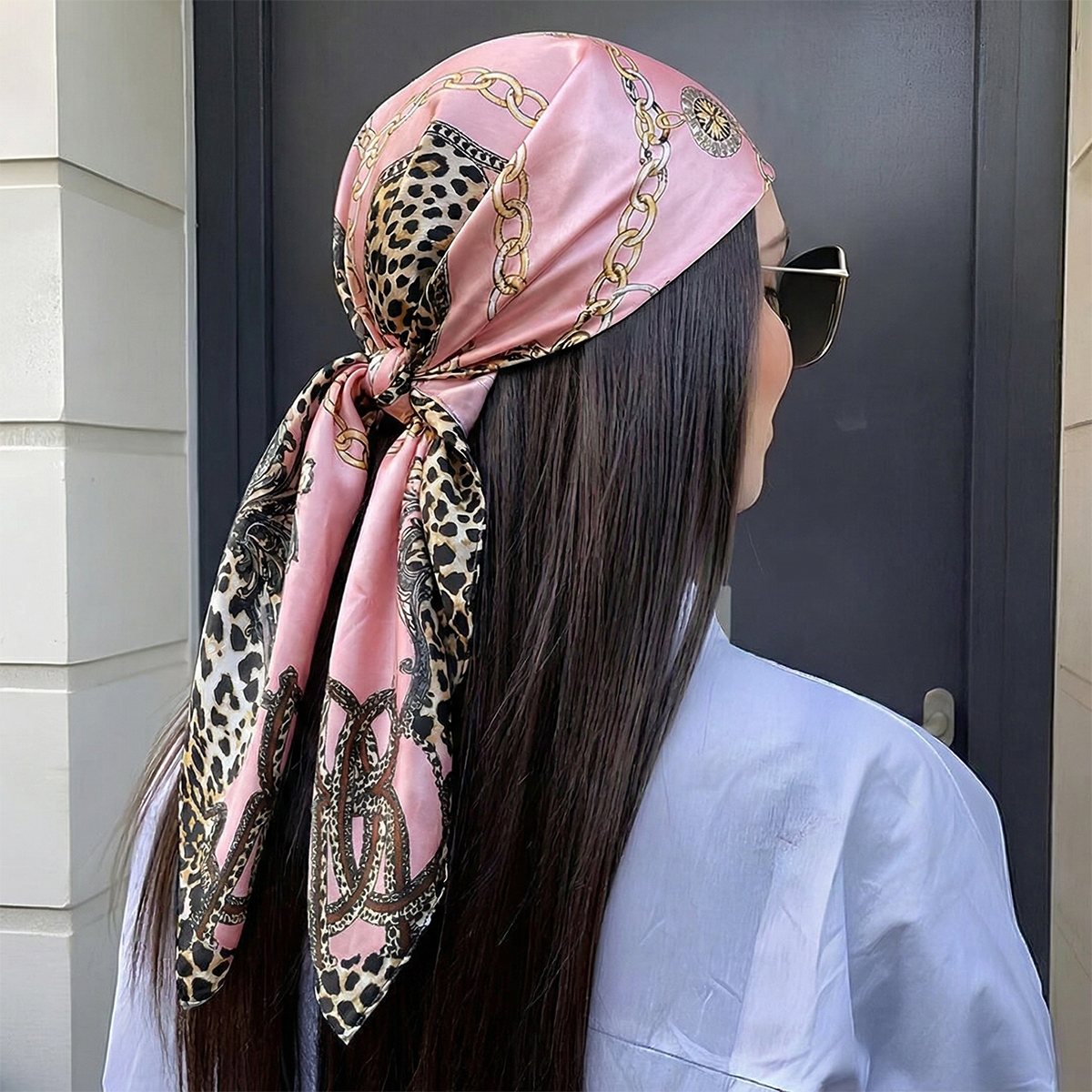 Foulard carré imprimé à motif chaîne pour femme, en satin doux imitation soie, écharpe, bandana, hijab de luxe, foulard élégant, châle