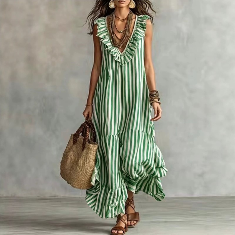 Nouvelle Robe d'Été 2026 pour Femme – Col en V, Volants, Rayures, Style Bohème Décontracté, Élégante, Unique, Tendance Niche, Confortable et Simple – Vestidos