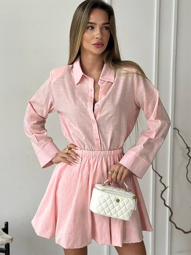 Ensemble 2 Pièces Femme : Blouse et Jupe – Nouvelle Collection Printemps – Style Streetwear Tendance – Col Rabattu Boutonné – Manches Longues – Haut Uni Sexy – Jupe Élégante